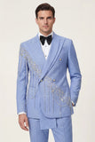 Shawl Lapel 2 Piece Light Blue Double Breasted Men's Prom Suits with Beading