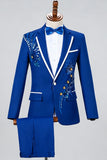 Blue One Button Notch Lapel Beaded Men's Prom Suits