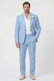 Sky Blue Peak Lapel One Button 2 Piece Linen Blend Men's Wedding Suits