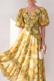 A-Line Yellow V-Neck Ruched Midi Floral Dress with Puff Sleeves
