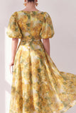 A-Line Yellow V-Neck Ruched Midi Floral Dress with Puff Sleeves