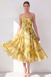 A-Line Yellow Strapless Chiffon Printed Midi Floral Dress