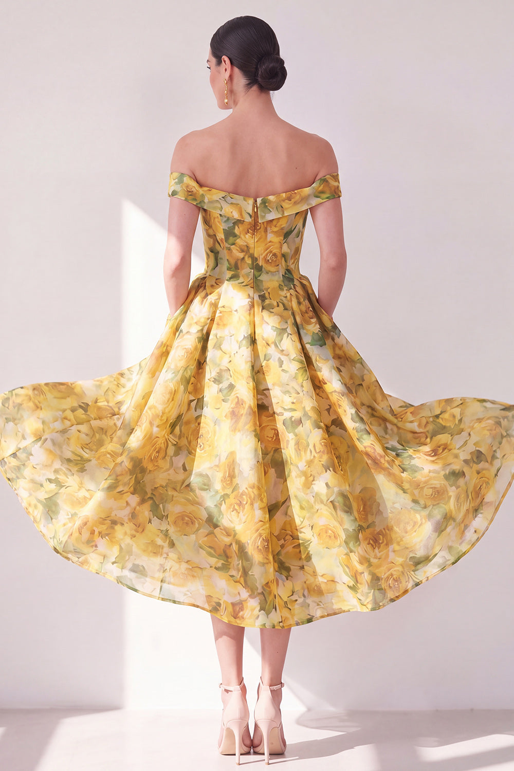 Zapaka Women Yellow A-Line Floral Midi Dress with Pockets Off the Shoulder Chiffon Printed Wedding Guest Dress, Yellow / US4