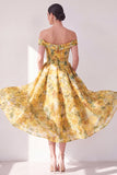 Off the Shoulder A-Line Yellow Chiffon Printed Floral Midi Dress with Pockets