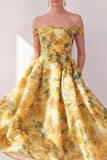 Off the Shoulder A-Line Yellow Chiffon Printed Floral Midi Dress with Pockets
