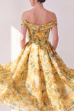 Off the Shoulder A-Line Yellow Chiffon Printed Floral Midi Dress with Pockets