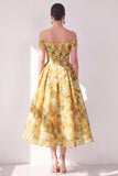 Off the Shoulder A-Line Yellow Chiffon Printed Floral Midi Dress with Pockets