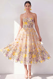 Apricot Strapless A-Line Tulle Embroidered Floral Midi Dress