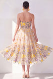Apricot Strapless A-Line Tulle Embroidered Floral Midi Dress