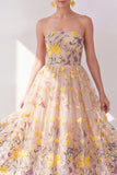 Apricot Strapless A-Line Tulle Embroidered Floral Midi Dress
