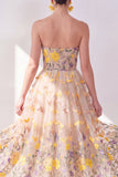 Apricot Strapless A-Line Tulle Embroidered Floral Midi Dress