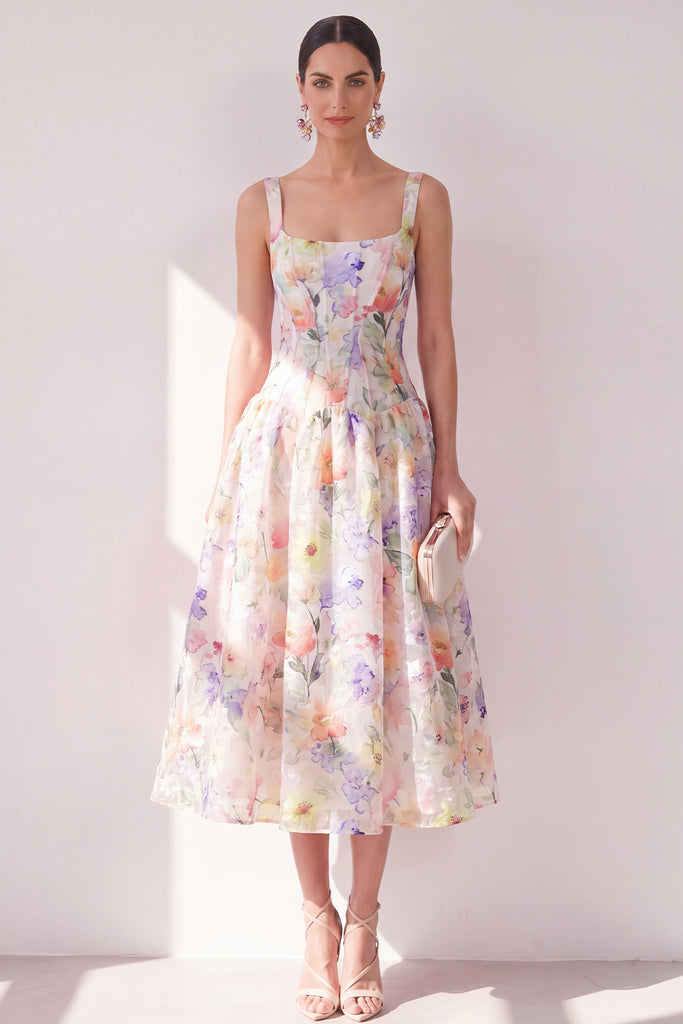 Zapaka Women White Purple Flower A-Line Midi Dress Square Neck Chiffon ...