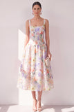 White Purple Flower A-Line Square Neck Chiffon Corset Midi Dress