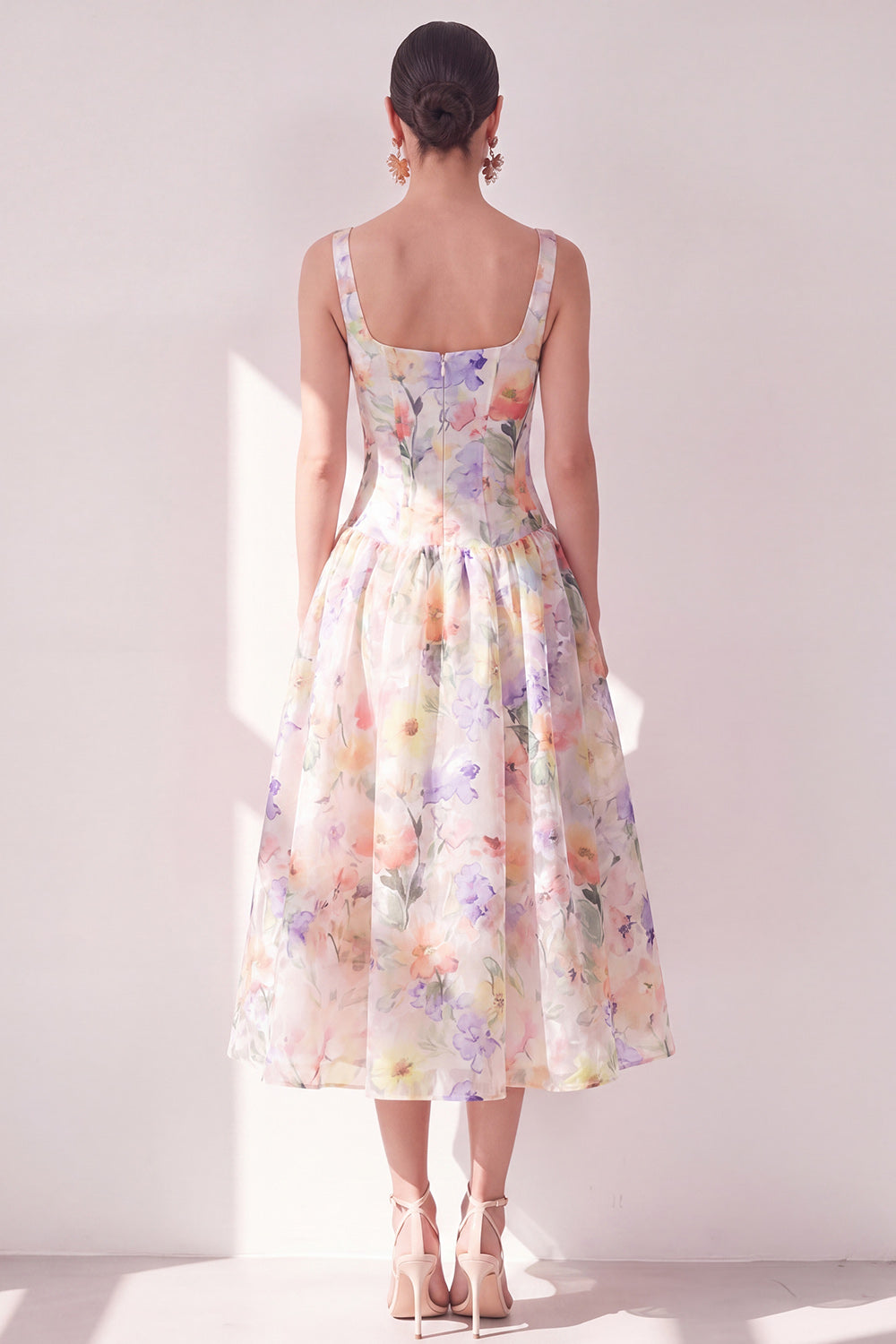 Zapaka Women White Purple Flower A-Line Midi Dress Square Neck Chiffon ...