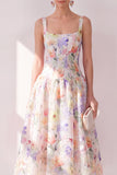 White Purple Flower A-Line Square Neck Chiffon Corset Midi Dress