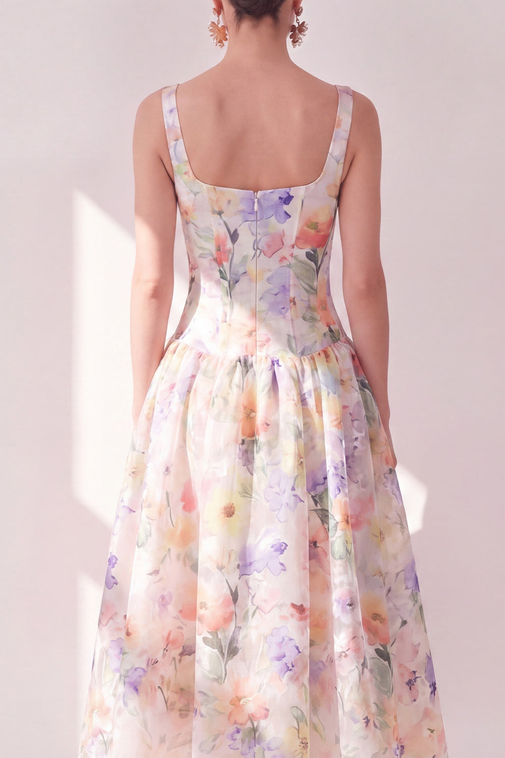Zapaka Women White Purple Flower A-Line Midi Dress Square Neck Chiffon ...