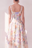 White Purple Flower A-Line Square Neck Chiffon Corset Midi Dress