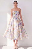 A-Line White Purple Flower Strapless Chiffon Midi Dress