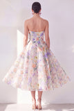 A-Line White Purple Flower Strapless Chiffon Midi Dress