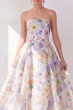 A-Line White Purple Flower Strapless Chiffon Midi Dress