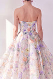 A-Line White Purple Flower Strapless Chiffon Midi Dress