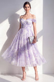 Lilac Off the Shoulder A-Line Ruched Midi Floral Dress