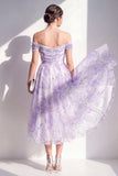 Lilac Off the Shoulder A-Line Ruched Midi Floral Dress