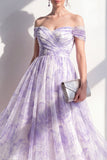 Lilac Off the Shoulder A-Line Ruched Midi Floral Dress