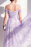 Lilac Off the Shoulder A-Line Ruched Midi Floral Dress