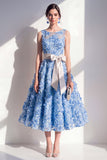 Blue A-Line Round Neck Appliqued Midi Floral Dress with Bow