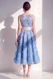 Blue A-Line Round Neck Appliqued Midi Floral Dress with Bow