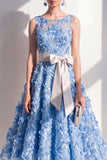 Blue A-Line Round Neck Appliqued Midi Floral Dress with Bow