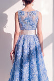 Blue A-Line Round Neck Appliqued Midi Floral Dress with Bow