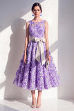 Blue A-Line Round Neck Appliqued Midi Floral Dress with Bow