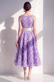 Blue A-Line Round Neck Appliqued Midi Floral Dress with Bow