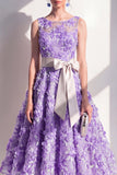 Blue A-Line Round Neck Appliqued Midi Floral Dress with Bow