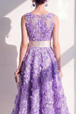 Blue A-Line Round Neck Appliqued Midi Floral Dress with Bow