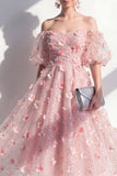 Blush Off the Shoulder A-Line Ruched Sequins Floral Midi Dress