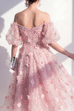 Blush Off the Shoulder A-Line Ruched Sequins Floral Midi Dress