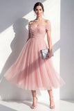 Tulle Blush Off the Shoulder A-Line Ruched Midi Dress