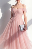 Tulle Blush Off the Shoulder A-Line Ruched Midi Dress