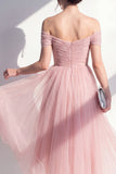 Tulle Blush Off the Shoulder A-Line Ruched Midi Dress