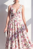 Blush V-Neck A-Line Ruched Midi Floral Dress