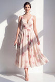 A-Line Chiffon Blush V-Neck Ruched Midi Floral Dress