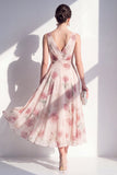 A-Line Chiffon Blush V-Neck Ruched Midi Floral Dress