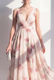 A-Line Chiffon Blush V-Neck Ruched Midi Floral Dress