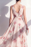 A-Line Chiffon Blush V-Neck Ruched Midi Floral Dress