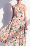 A-Line Pink Flower Halter Neck Midi Dress with Bow