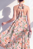A-Line Pink Flower Halter Neck Midi Dress with Bow