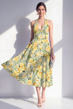 A-Line Pink Flower Halter Neck Midi Dress with Bow